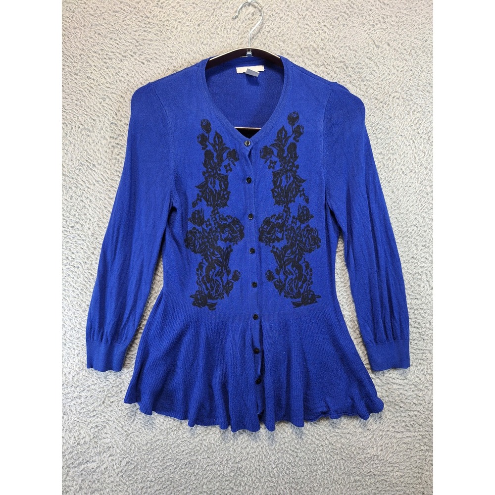 H&M Blue Button Up Cardigan Sweater Black Floral Design Womens Small Cottagecore